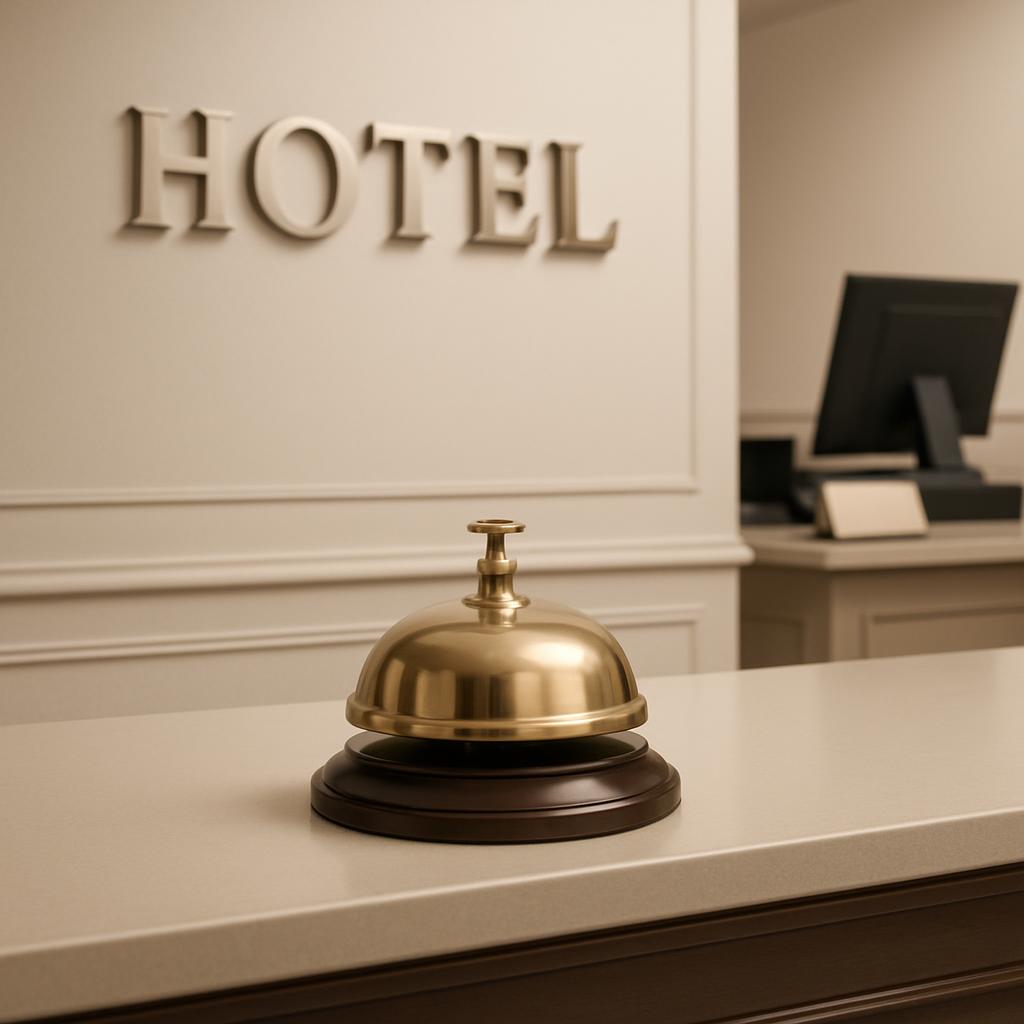 The hotel bell featured in the image serves as a mechanism for guests to request assistance from hotel staff. Its primary ...