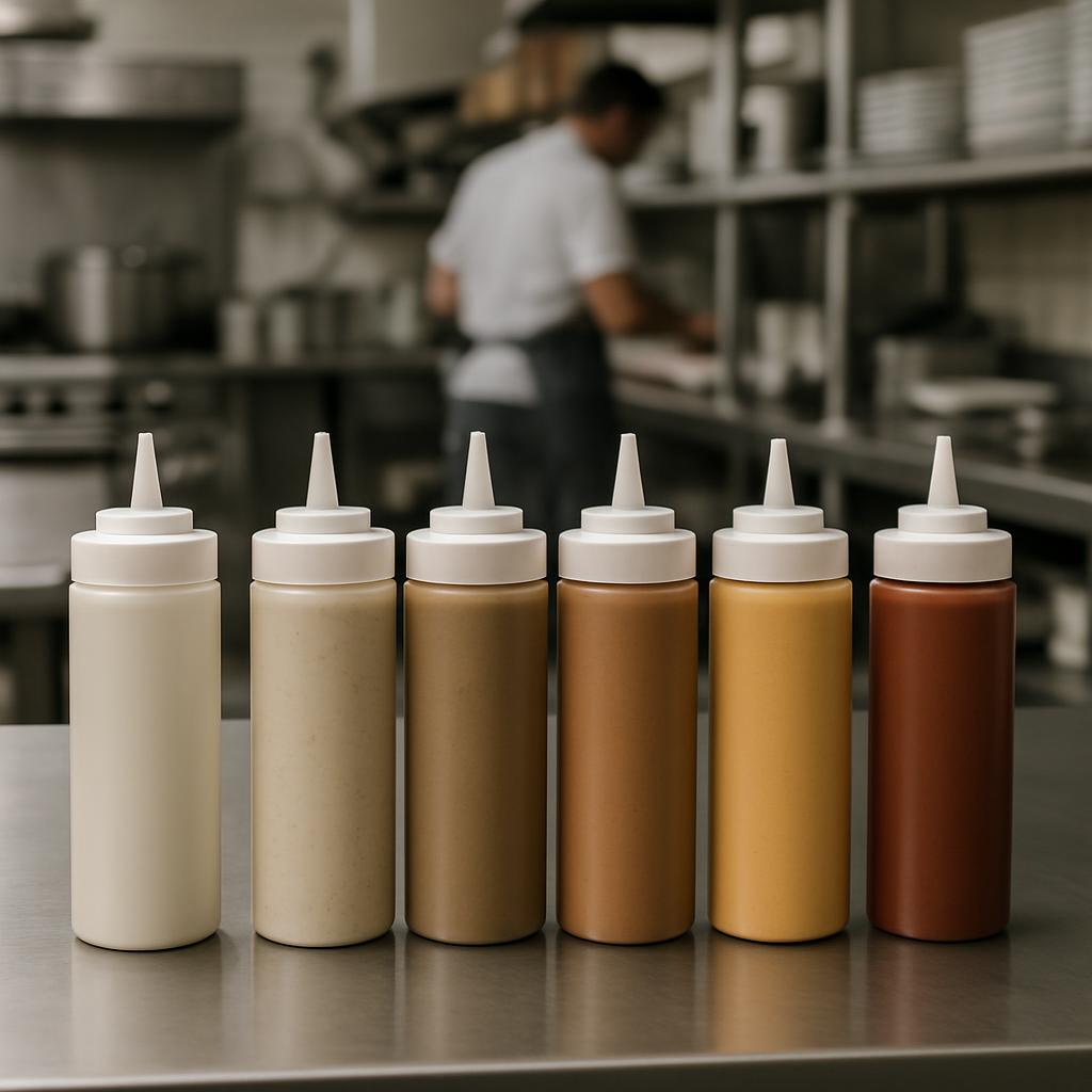 A row of six plastic bottles filled with different colored sauces, promising a variety of flavors for food concoctions.
