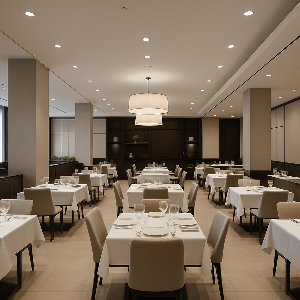 A spacious room with rows of tables set for dining, featuring white tablecloths, place settings, and sparkling glassware.