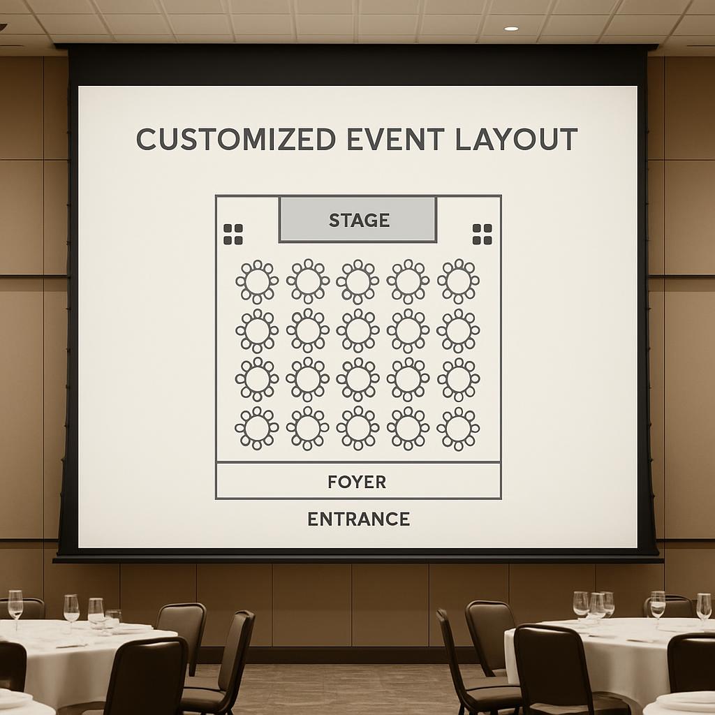 A custom event layout diagram featuring a stage, foyer, and entrance, likely for planning and design purposes.